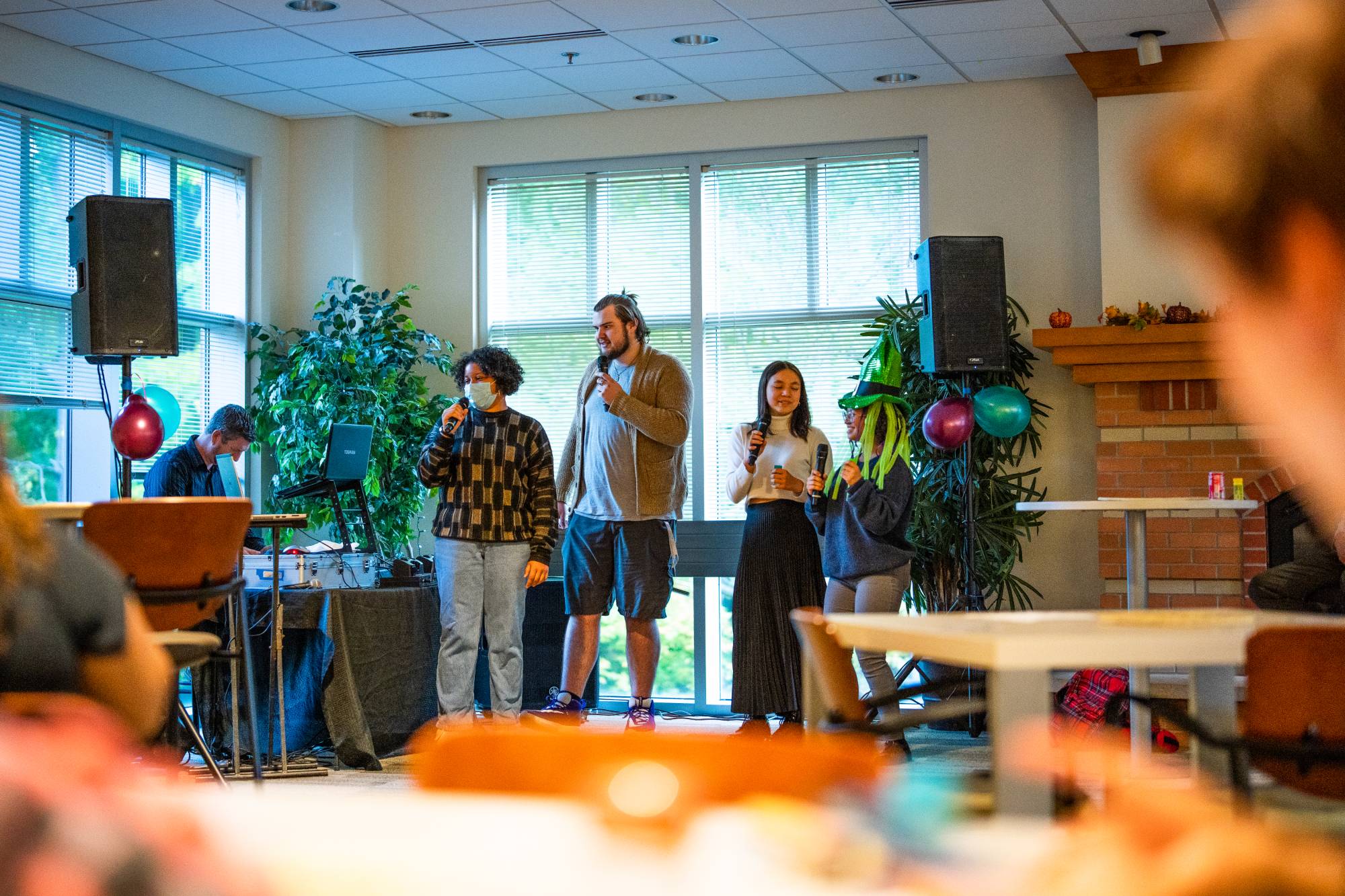 Students singing karaoke